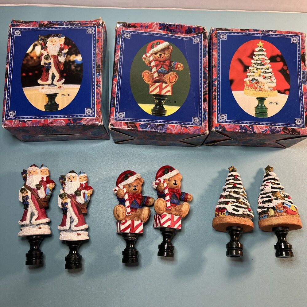 Lot Of 6 Vintage Polystone Lamp Top Ornaments Giftco Santa Tree Bear Christmas